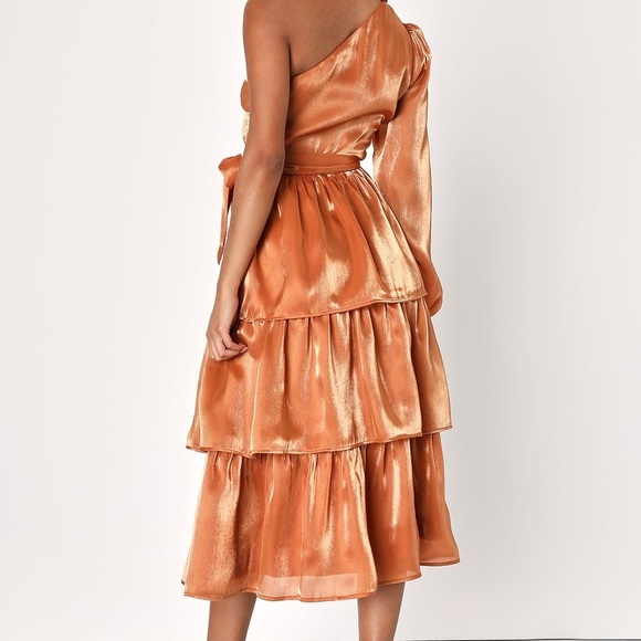 NWT Lulus Sweet Excellence Shiny Rust Orange One-Shoulder Tiered Dress - Picture 2 of 4